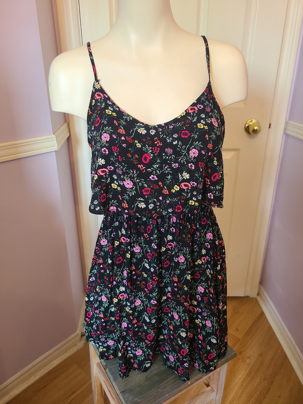 Floral Spaghetti Strap Sundress - Black with Pink & Red Flowers